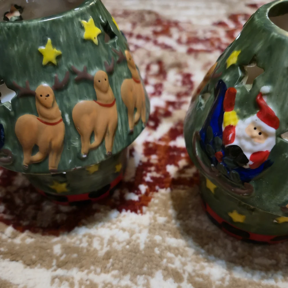 2 Set Vintage Christmas Tealight Candle Holder Set Santa Reindeer Old Country